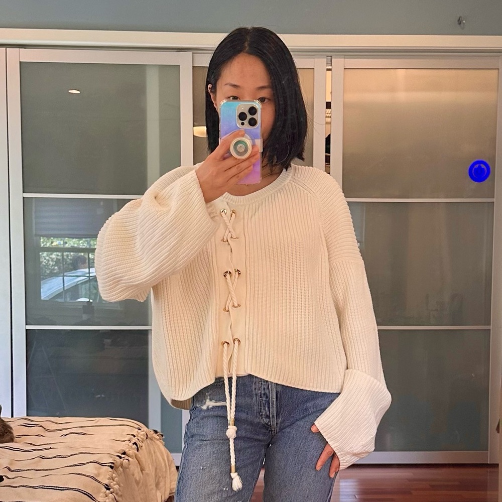 Tibi Cream Knit Sweater with Lace-Up Detail